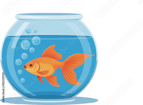Vibrant orange goldfish swims in clear glass bowl with bubbles isolated on white background with blue water