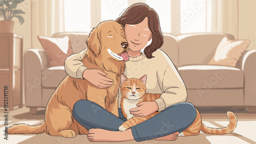 Woman sitting on floor hugging dog and holding cat in living room with beige sofa and sunny windows