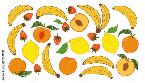 Colorful Fresh Fruits Pattern Illustration – Banana, Lemon, Orange, Strawberry, Peach on Transparent Background