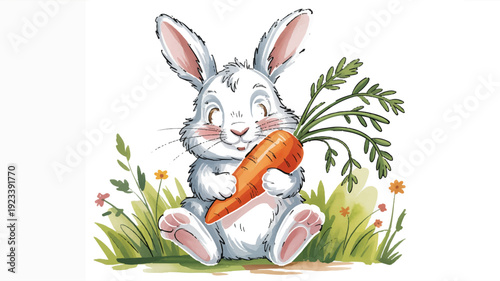 Cute white rabbit holding large orange carrot in garden with flowers and green grass springtime scene