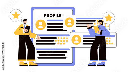 HR manager reviewing employee profiles and performance rating stars