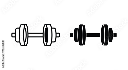 Minimalist dumbbell icons in outline and solid styles for fitness tracking, gym branding, and weightlifting workout apps on a white background
