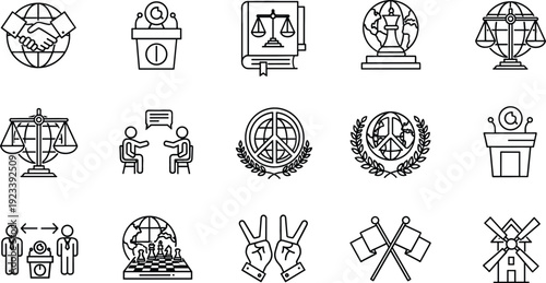 Professional Global Peace and Justice Vector Icon Set Featuring Handshakes, Law Scales, Peace Symbols, Diplomatic Podiums, and International Cooperation Graphics for Legal and Political Designs
