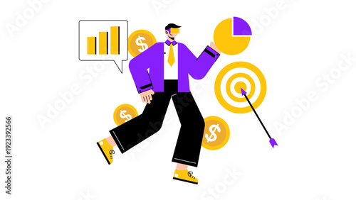 A businessman wearing VR goggles interacting with floating data charts, coins, and a target