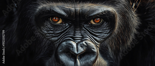 Intense Gorilla Face Close-Up, Fierce Eyes, Majestic Wildlife Portrait