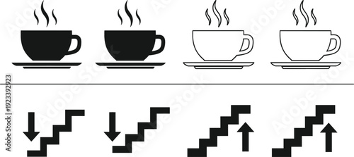 Coffee cup and stairs arrow icons set in solid and outline flat vector collection