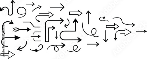 Collection of curved straight and looping arrow icons set isolated flat vector design elements