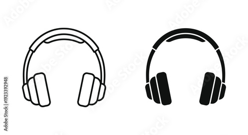 Professional over-ear headphone vector icons in outline and solid silhouette styles for music production, podcasting, and gaming interface design