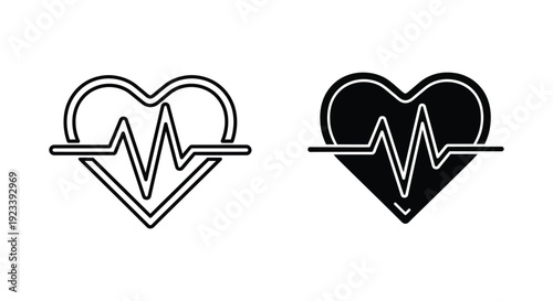 Minimalist heart rate and EKG pulse icons in outline and solid styles for medical, healthcare, and fitness app design