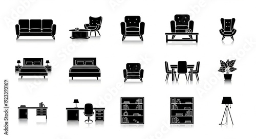 Collection of Furniture Silhouettes Isolated on White Background.