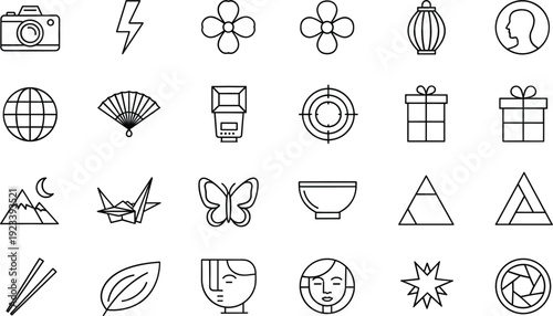 Creative outline icons set with camera flower gift nature and abstract symbols vector collection