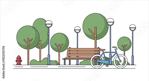 Park scene with a bench, trees, bicycle, and street lights, a beautiful illustration.
