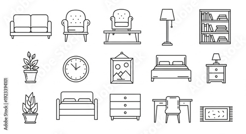Collection of hand-drawn furniture and home decor items.