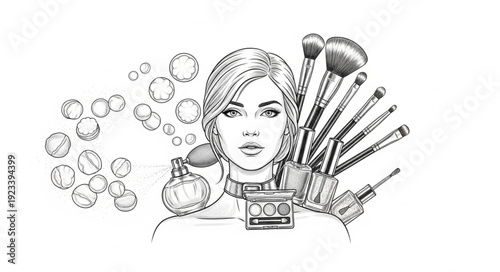 Woman with makeup and beauty products illustration.