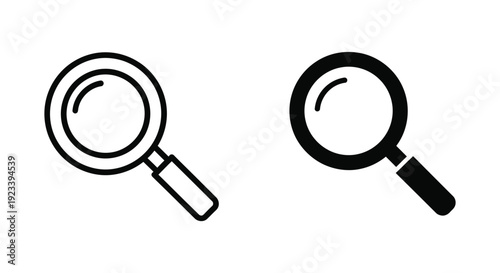 Minimalist magnifying glass icon set featuring outline and solid styles for web search, digital investigation, and data analysis interfaces on a white background.