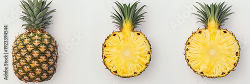 Whole and Halved Pineapple Slices on White Background, Tropical Fruit Composition