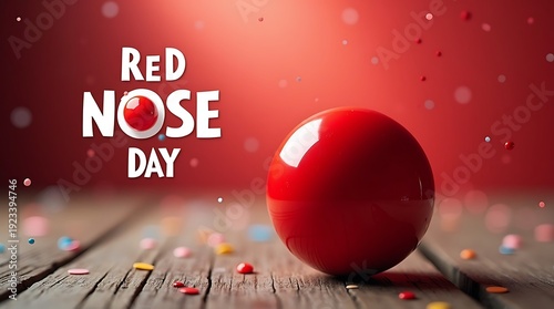 A vibrant red nose ball on a wooden surface with red nose day text
