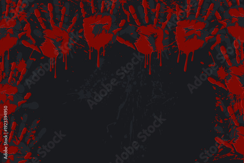 Dark grunge background with red dripping handprint paint splashes creating a horror themed frame perfect for posters covers and graphic design grunge style