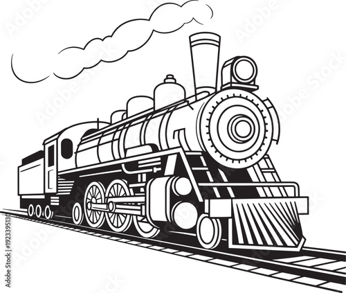 Classic steam locomotive train engine vector illustration with smoke puffing on railway tracks