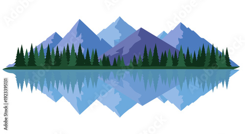 Mountain Range with Trees and Water Reflection.