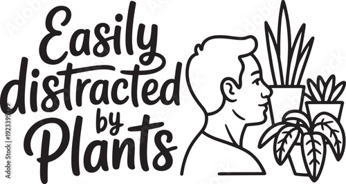 Easily distracted by plants design with man profile smelling indoor greenery vector illustration