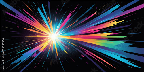 Abstract colorful rainbow background with bright rays, glowing light burst, and dynamic motion lines creating an energetic and vibrant design