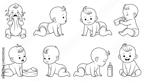 Simple line art illustrations of an infant in various developmental stages such as crawling sitting and feeding with a bottle.