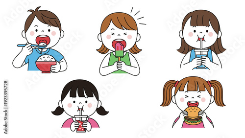 Set of happy children enjoying various foods and drinks including a bowl of rice a popsicle and a large hamburger.