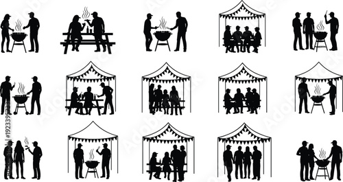 Barbecue party silhouettes set with people grilling food under tents, outdoor picnic gathering and summer celebration vector illustration isolated on white background