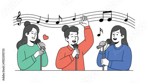 Three joyful women performing on stage singing into microphones with musical notes and symbols floating in the background.