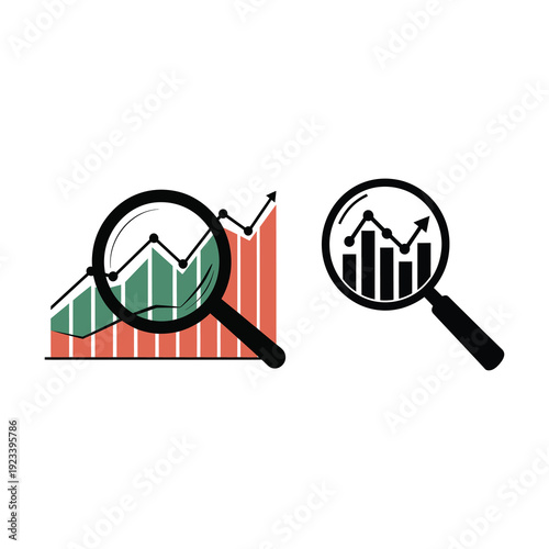 Magnifying glass positioned above business analytics charts.