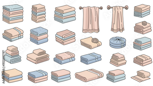 Extensive collection of folded and stacked towels in soft pastel colors like peach blue and beige for bathroom use.