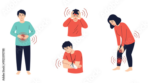 Illustrations of people experiencing different types of physical pain including headache stomach ache and leg injuries on white.