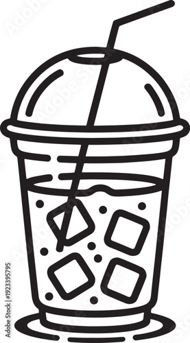 Iced coffee in plastic cup with dome lid and straw line art for cafe and cold beverage designs