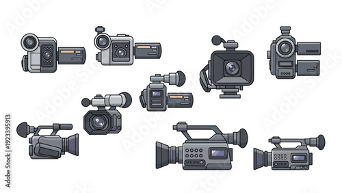 Set of different video camera types from handheld camcorders to professional broadcasting equipment in a pixel art style.