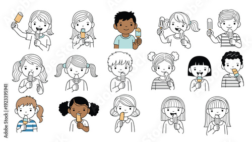 Diverse group of children enjoying popsicles and ice cream bars in various colors and flavors in a simple line art style.