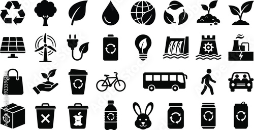 Ecology and sustainability icons in a comprehensive black silhouette vector set featuring renewable energy symbols, recycling signs, and environmental conservation graphics for modern designs.