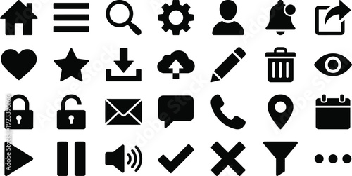 Minimalist black vector icons set containing essential user interface elements like home, search, and settings buttons arranged in a grid for mobile app or website navigation design.