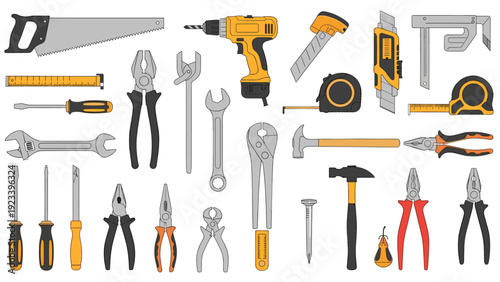 Extensive collection of hand and power tools including saws, drills, wrenches, pliers, and hammers for DIY and construction work.