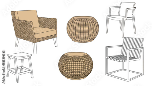 Set of wicker and modern outdoor furniture illustrations including chairs, stools, and side tables for garden and patio decor.