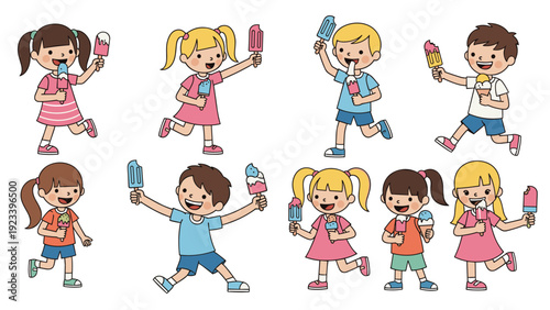 Set of happy children running and playing while enjoying colorful popsicles and ice cream cones in summer weather.