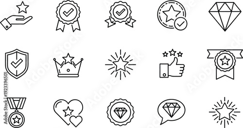 Professional Vector Icon Set Featuring Premium Quality Awards, Achievement Medals, Star Ratings, Luxury Diamonds, and Certified Guarantee Symbols for Business and Excellence Branding