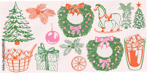 Festive holiday illustrations featuring christmas trees wreaths and cheerful seasonal items