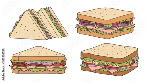 Illustration set of different sandwiches with various fillings like ham, cheese, lettuce, and tomatoes in triangular and square shapes.