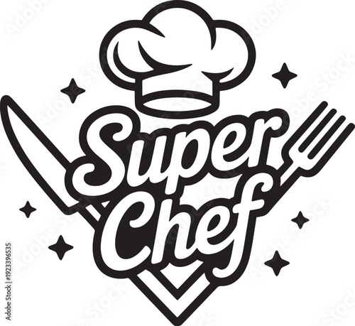 Super chef typography logo with tall toque hat and crossed kitchen knife and fork utensil icons