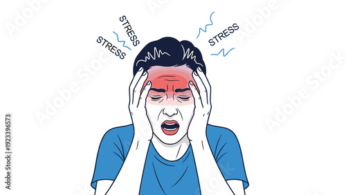 Illustration of a person holding their head with a distressed expression representing stress, headache, or emotional pressure.