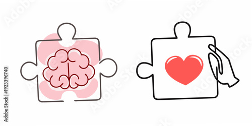 Brain and heart puzzle pieces fitting together symbolizing mind body connection