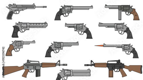 Set of various firearm illustrations including handguns, revolvers, and semi automatic rifles for weapons and security themes.