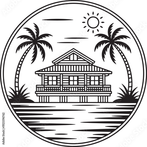 Tropical beach bungalow on stilts with palm trees and sun over calm water vector art