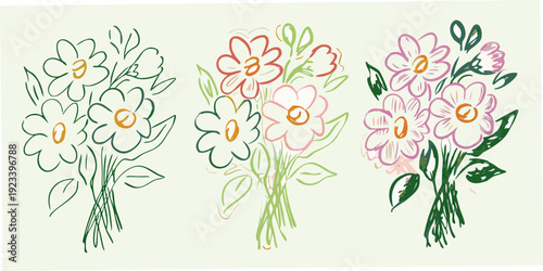 Hand drawn floral bouquets in pastel shades with simple line art